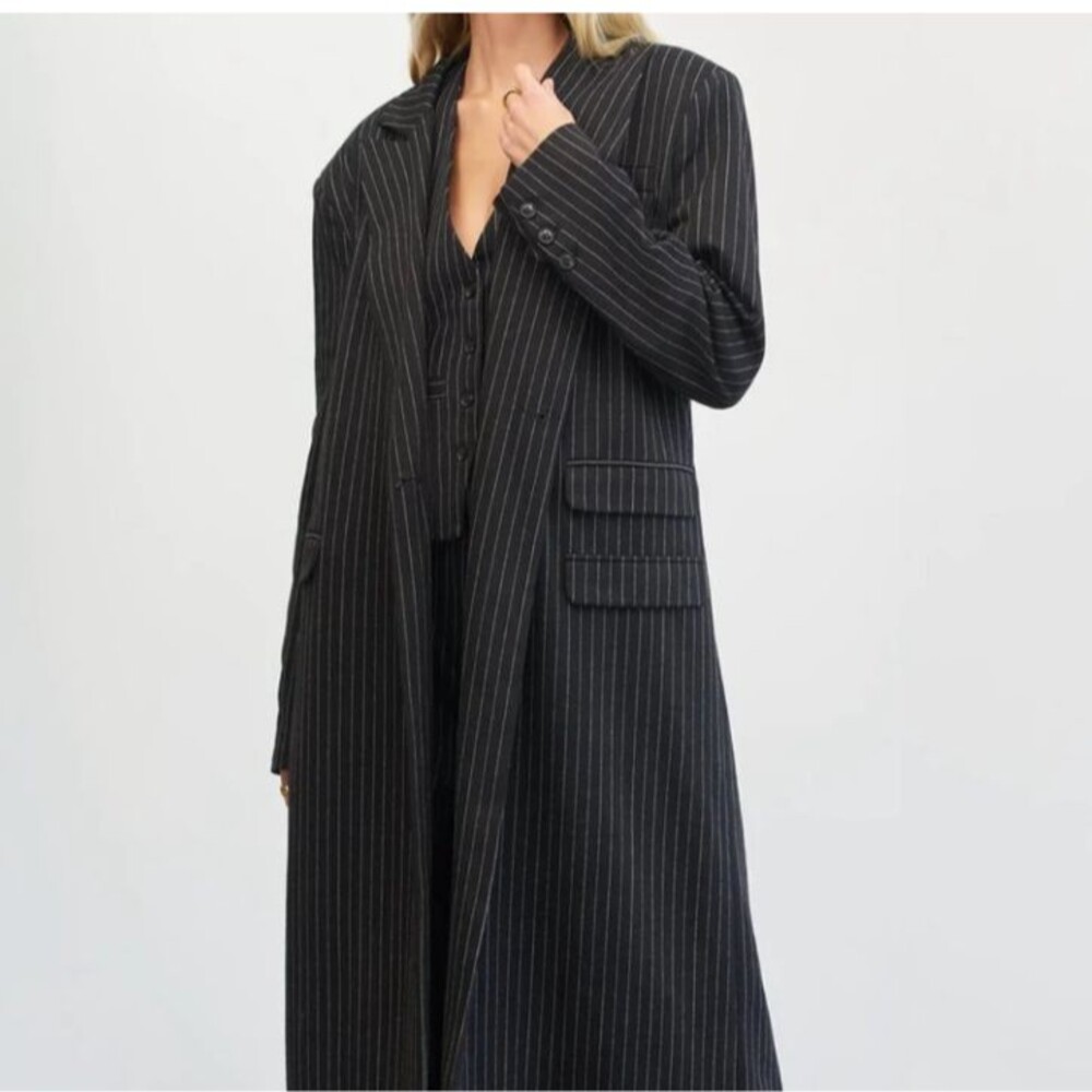 4th & Reckless Elsa Hosk Coat Womens M Black Pinstripe Longline Single Breasted